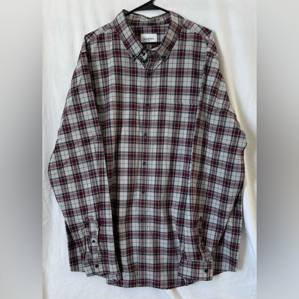 Goodfellow ButtonUp Mens Collared Shirt 3XB Tall Gray Burgundy Plaid Long Sleeve